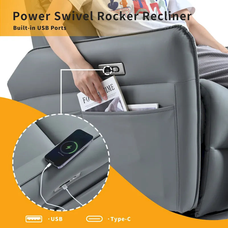 Poltrona reclinabile girevole a dondolo Power 270 con porte USB, piccole poltrone reclinabili elettriche in PU per piccoli spazi