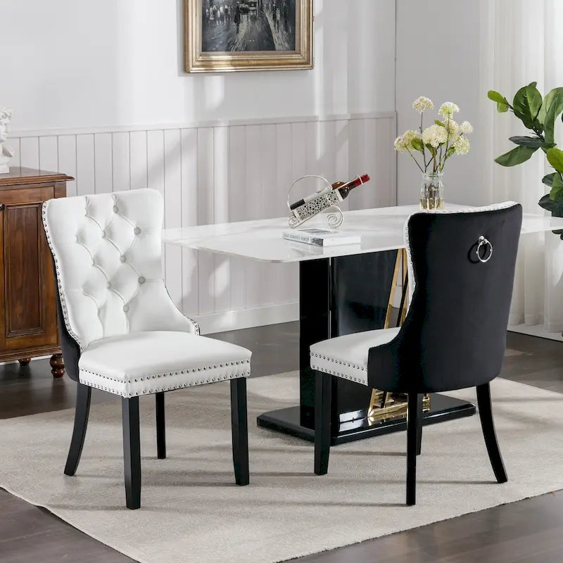 Set di 2 sedie da pranzo con schienale alto, sedie da cucina in pelle PU imbottita con maniglia posteriore e gambe in legno