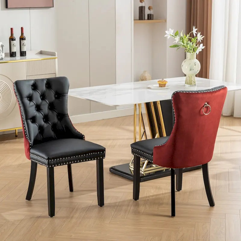 Set di 2 sedie da pranzo con schienale alto, sedie da cucina in pelle PU imbottita con maniglia posteriore e gambe in legno