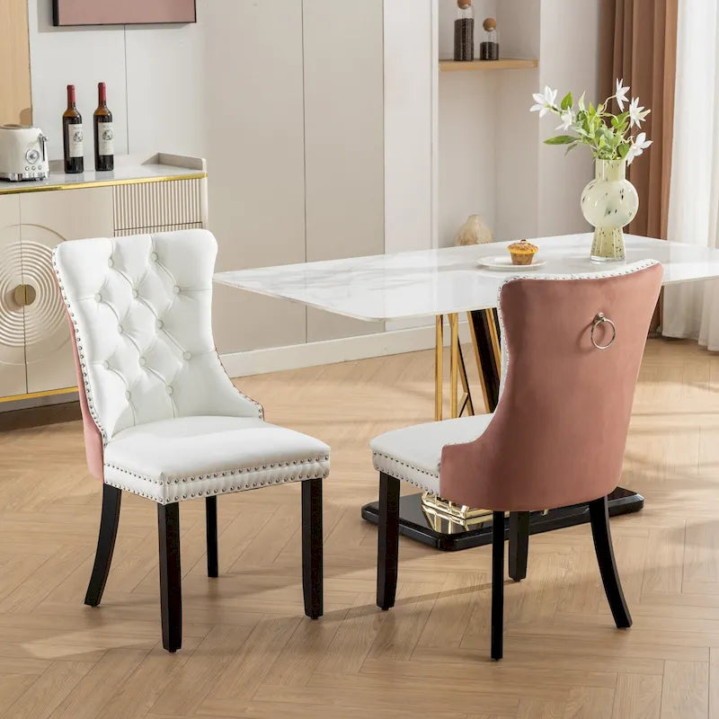 Set di 2 sedie da pranzo con schienale alto, sedie da cucina in pelle PU imbottita con maniglia posteriore e gambe in legno