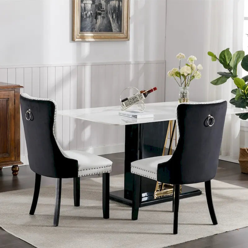 Set di 2 sedie da pranzo con schienale alto, sedie da cucina in pelle PU imbottita con maniglia posteriore e gambe in legno