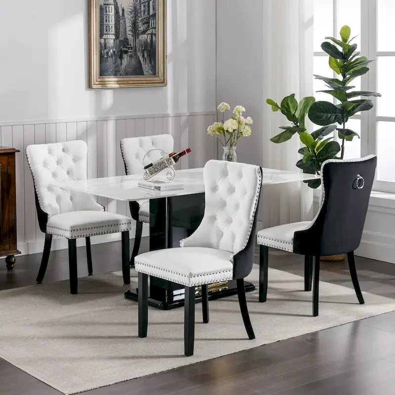 Set di 2 sedie da pranzo con schienale alto, sedie da cucina in pelle PU imbottita con maniglia posteriore e gambe in legno