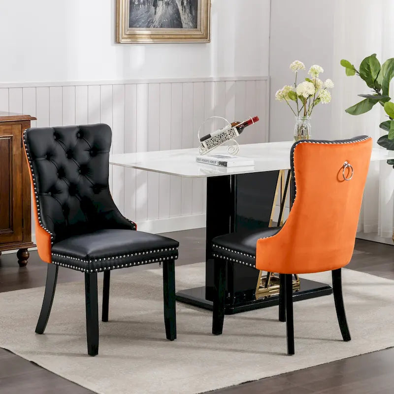 Set di 2 sedie da pranzo con schienale alto, sedie da cucina in pelle PU imbottita con maniglia posteriore e gambe in legno
