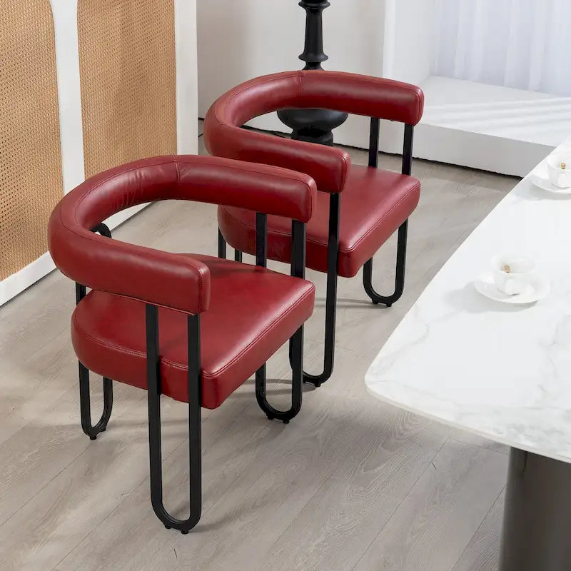 Set di 2 sedie da pranzo contemporanee in PU, sedia a botte con gambe in metallo nero opaco e cuscino rotondo ispessito