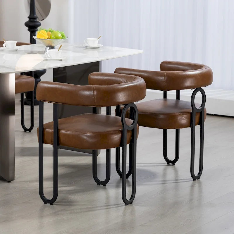 Set di 2 sedie da pranzo contemporanee in PU, sedia a botte con gambe in metallo nero opaco e cuscino rotondo ispessito
