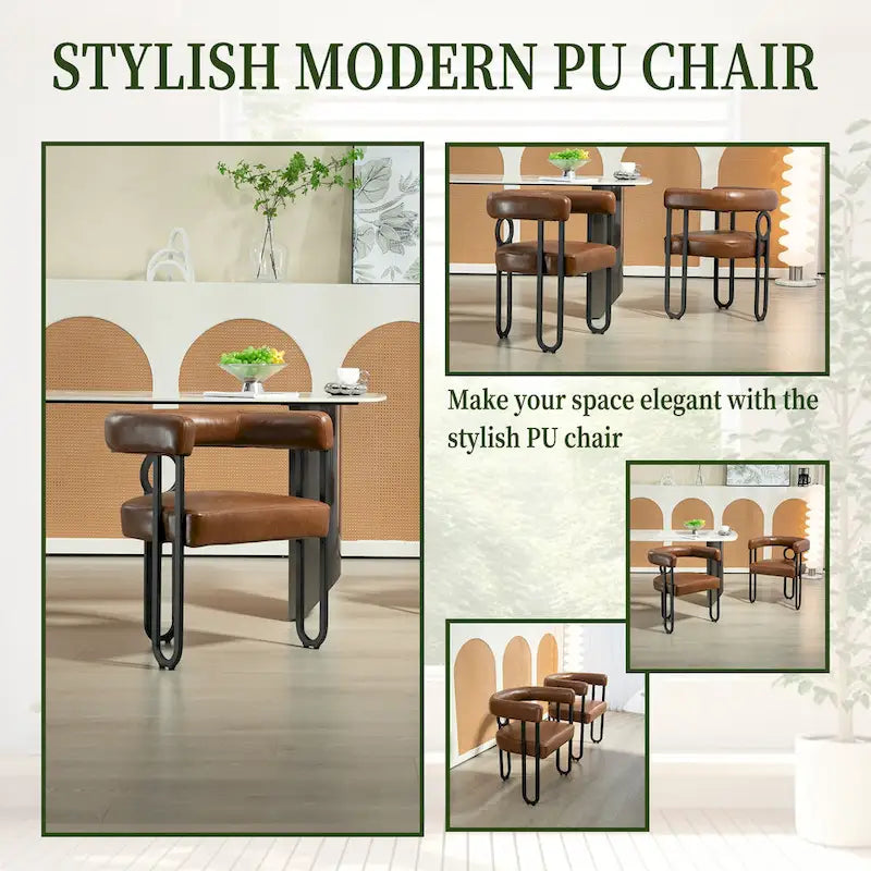 Set di 2 sedie da pranzo contemporanee in PU, sedia a botte con gambe in metallo nero opaco e cuscino rotondo ispessito