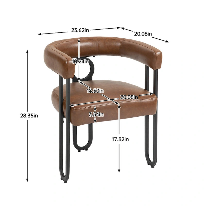 Set di 2 sedie da pranzo contemporanee in PU, sedia a botte con gambe in metallo nero opaco e cuscino rotondo ispessito