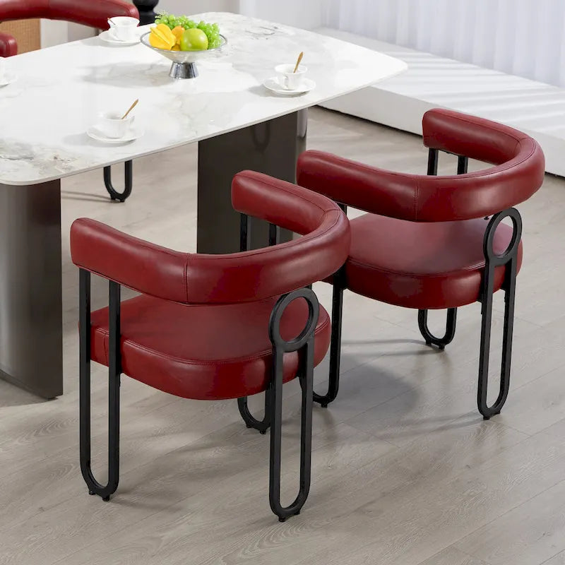 Set di 2 sedie da pranzo contemporanee in PU, sedia a botte con gambe in metallo nero opaco e cuscino rotondo ispessito