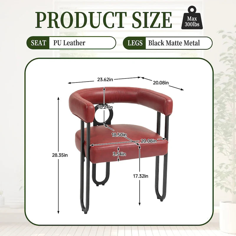 Set di 2 sedie da pranzo contemporanee in PU, sedia a botte con gambe in metallo nero opaco e cuscino rotondo ispessito