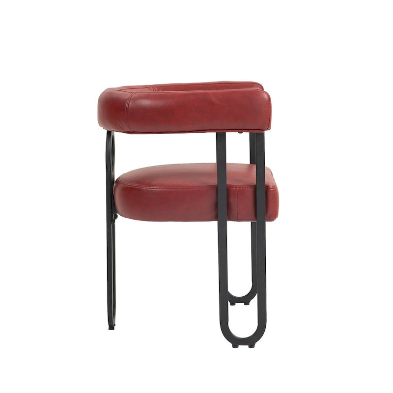 Set di 2 sedie da pranzo contemporanee in PU, sedia a botte con gambe in metallo nero opaco e cuscino rotondo ispessito