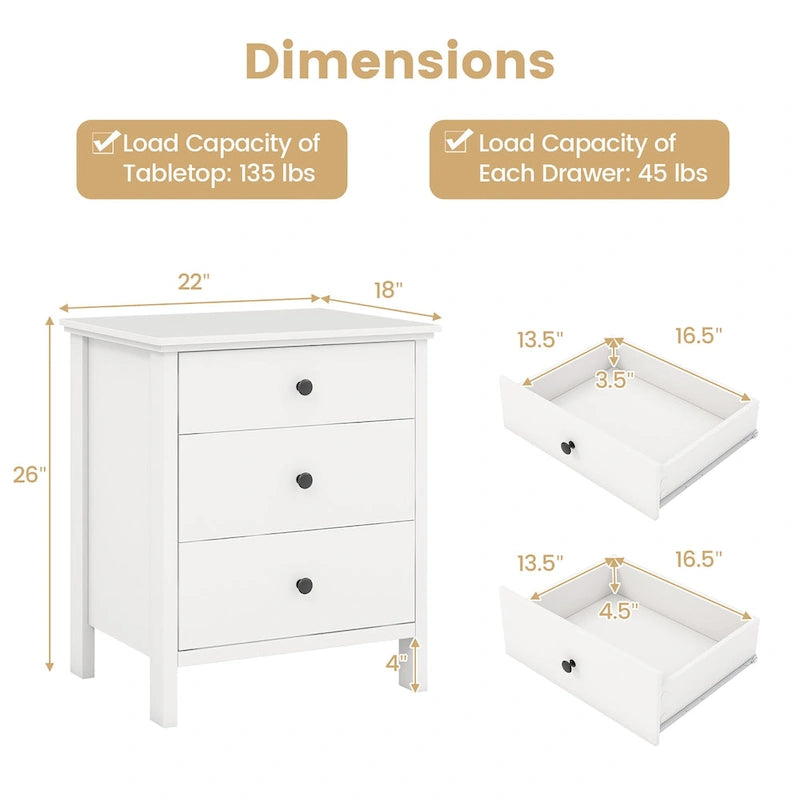 Comodino in legno a 3 cassetti con ampio piano e guide in metallo