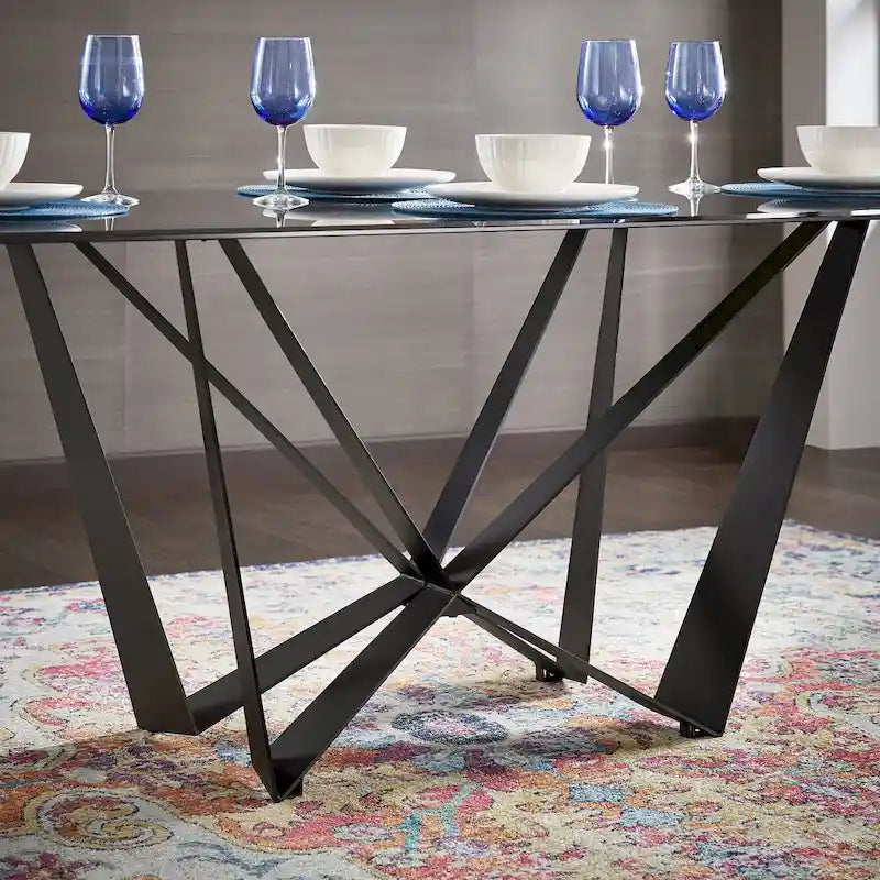 Tavolo da pranzo moderno da 69 pollici con piano in vetro temperato e base in metallo nero