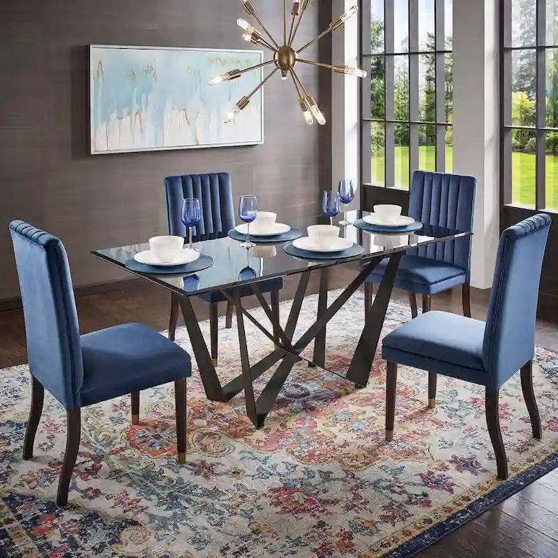 Tavolo da pranzo moderno da 69 pollici con piano in vetro temperato e base in metallo nero