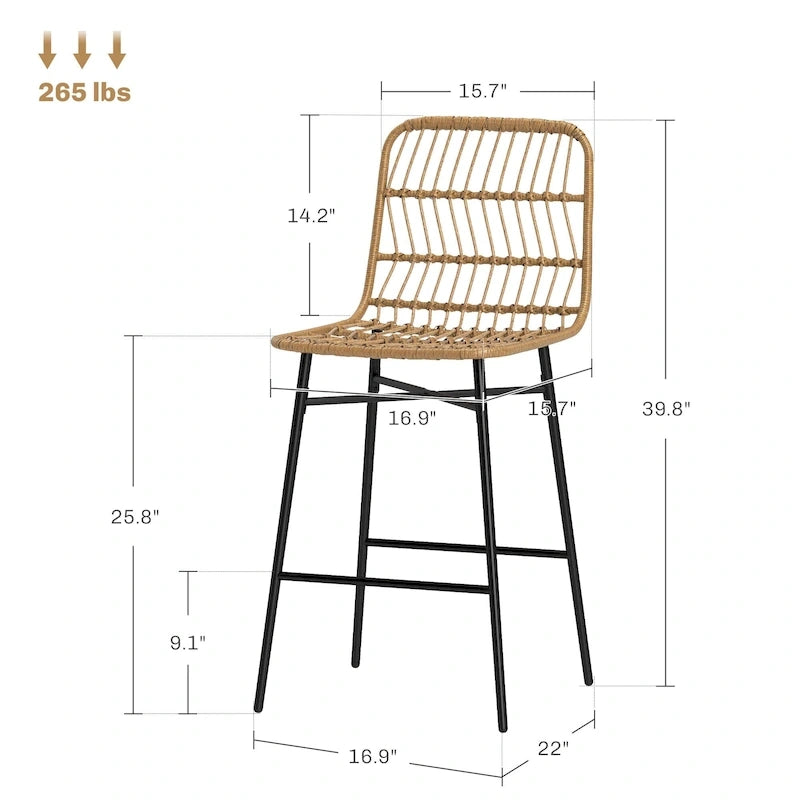 Sgabelli da bar in rattan da 66 cm (altezza bancone) con schienale, set da 2 – Nero