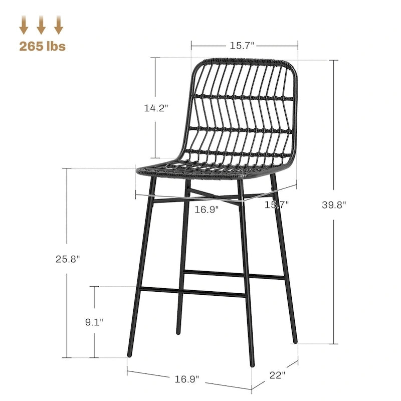 Sgabelli da bar in rattan da 66 cm (altezza bancone) con schienale, set da 2 – Nero