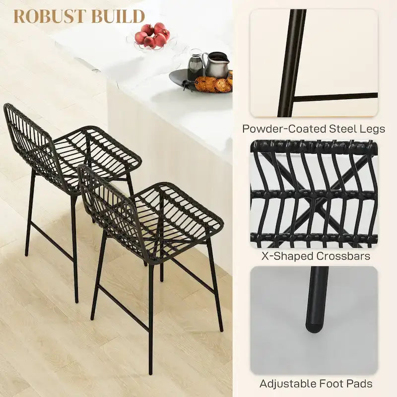 Sgabelli da bar in rattan da 66 cm (altezza bancone) con schienale, set da 2 – Nero