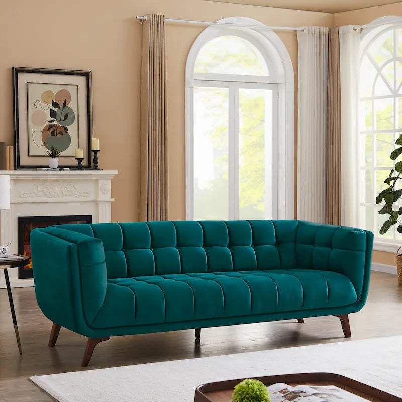 Divano Chesterfield moderno di metà secolo con rivestimento in velluto capitonné