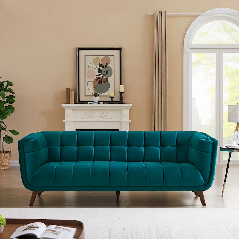 Divano Chesterfield moderno di metà secolo con rivestimento in velluto capitonné