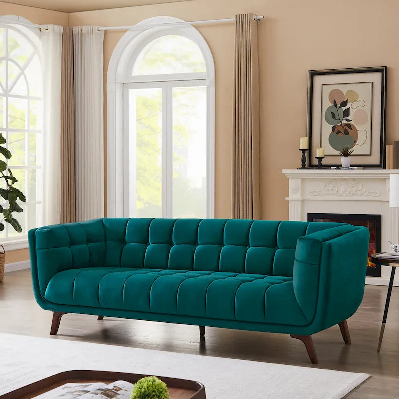 Divano Chesterfield moderno di metà secolo con rivestimento in velluto capitonné