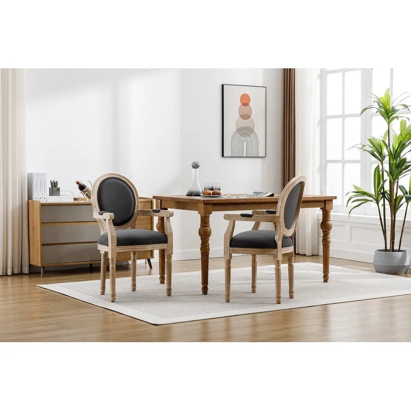 Set di 2 sedie da pranzo in stile country francese, poltrona imbottita in lino con struttura in legno di gomma