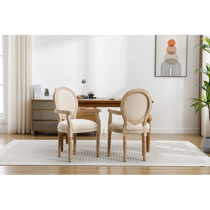 Set di 2 sedie da pranzo in stile country francese, poltrona imbottita in lino con struttura in legno di gomma