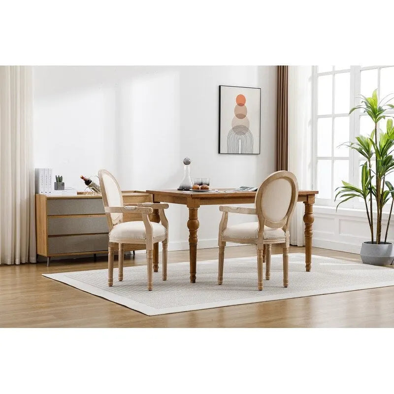 Set di 2 sedie da pranzo in stile country francese, poltrona imbottita in lino con struttura in legno di gomma