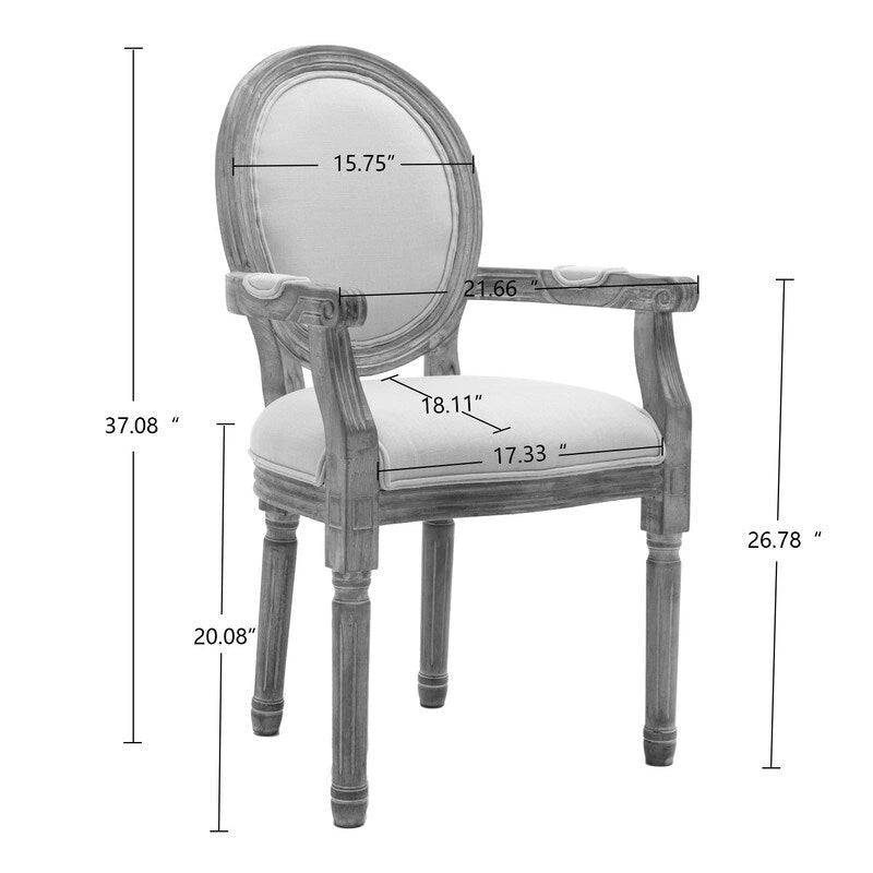 Set di 2 sedie da pranzo in stile country francese, poltrona imbottita in lino con struttura in legno di gomma