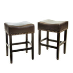 Sgabello da bancone senza schienale in pelle marrone da 26 pollici con borchie in bronzo, set da 2