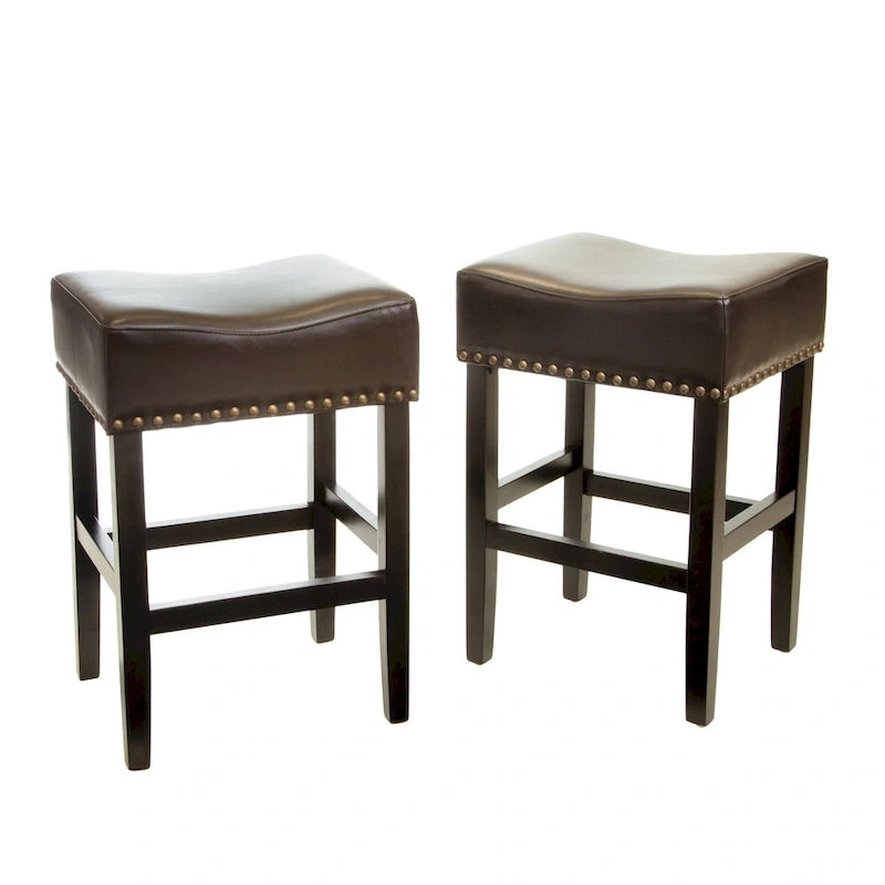 Sgabello da bancone senza schienale in pelle marrone da 26 pollici con borchie in bronzo, set da 2