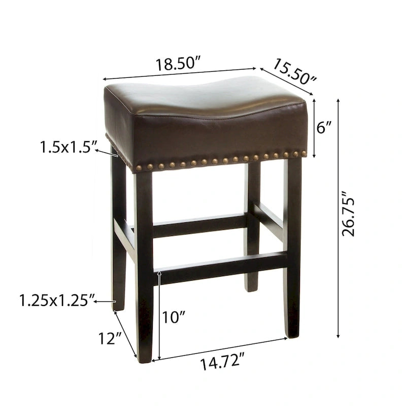 Sgabello da bancone senza schienale in pelle marrone da 26 pollici con borchie in bronzo, set da 2