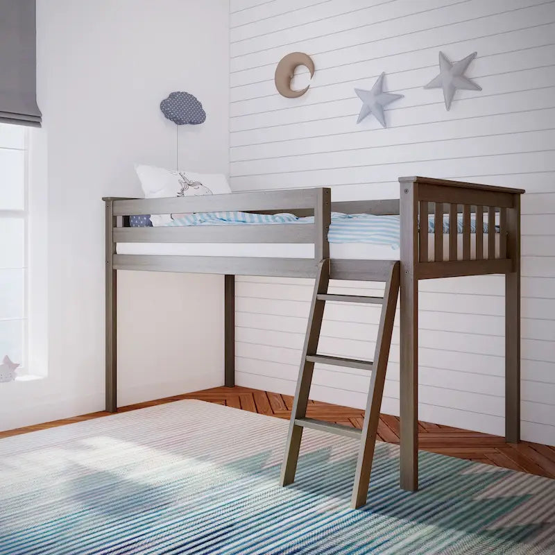 Letto a soppalco basso una piazza con legno massello e sponde di sicurezza