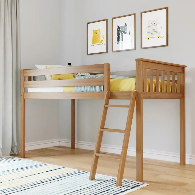 Letto a soppalco basso una piazza con legno massello e sponde di sicurezza
