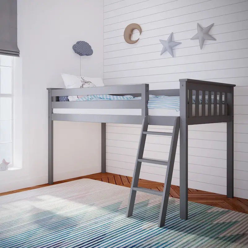 Letto a soppalco basso una piazza con legno massello e sponde di sicurezza