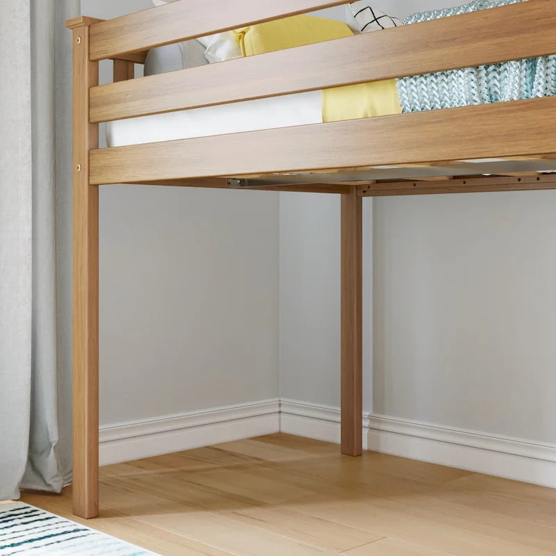Letto a soppalco basso una piazza con legno massello e sponde di sicurezza