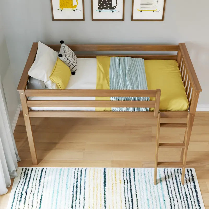 Letto a soppalco basso una piazza con legno massello e sponde di sicurezza