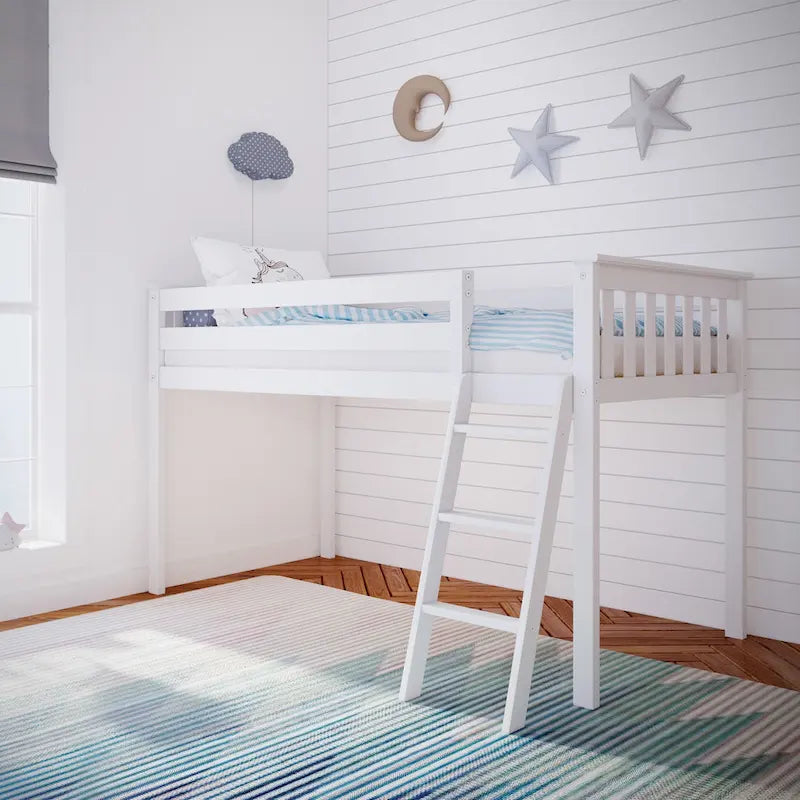 Letto a soppalco basso una piazza con legno massello e sponde di sicurezza