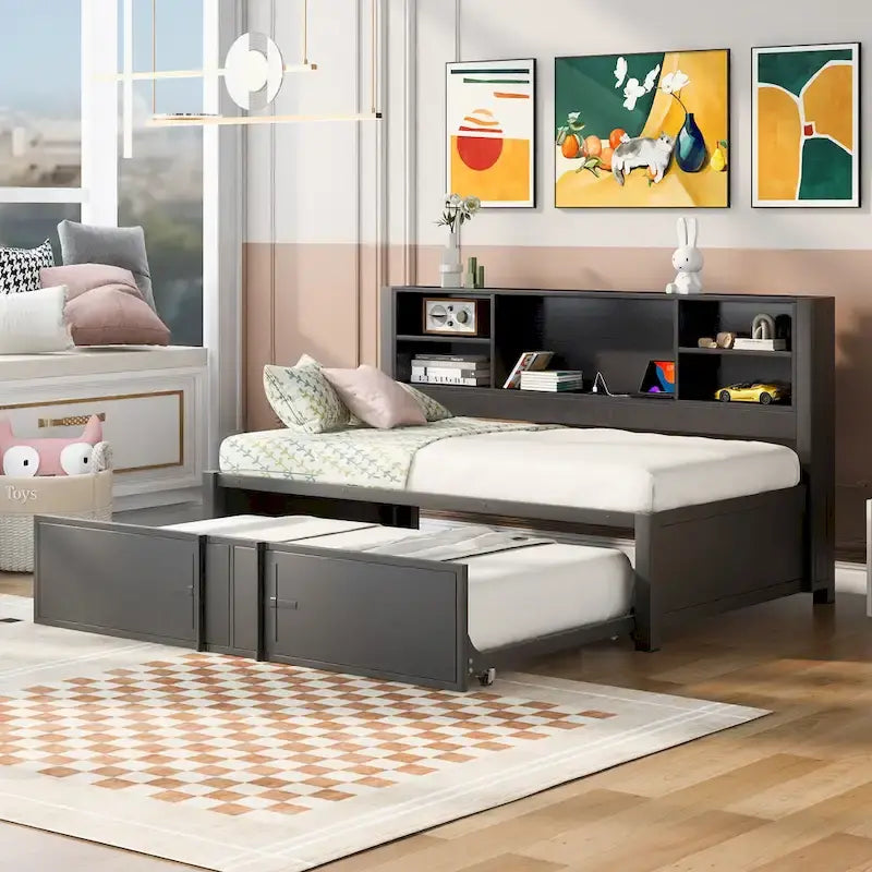 Letto a giorno in metallo da una piazza e mezza con letto estraibile da una piazza e mezza, ripiani e porte USB, nero