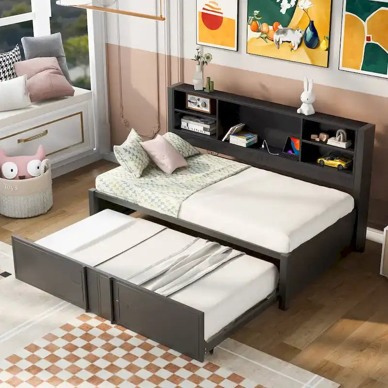 Letto a giorno in metallo da una piazza e mezza con letto estraibile da una piazza e mezza, ripiani e porte USB, nero