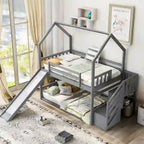 Letto a Castello a Casa per Bambini con Scivolo Convertibile e Scala Contenitore Posizionabile a Sinistra o a Destra, Grigio
