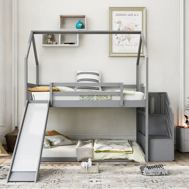 Letto a Castello a Casa per Bambini con Scivolo Convertibile e Scala Contenitore Posizionabile a Sinistra o a Destra, Grigio