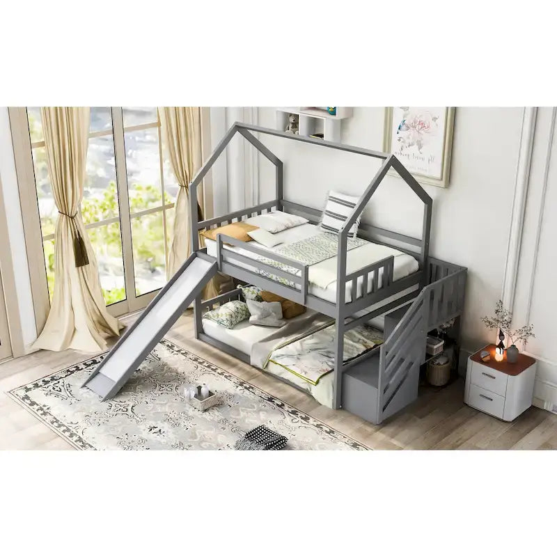 Letto a Castello a Casa per Bambini con Scivolo Convertibile e Scala Contenitore Posizionabile a Sinistra o a Destra, Grigio