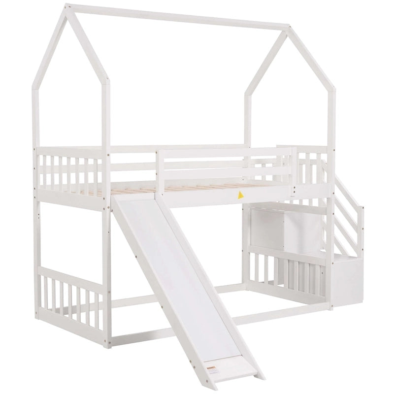 Letto a Castello a Casa per Bambini con Scivolo Convertibile e Scala Contenitore Posizionabile a Sinistra o a Destra, Grigio