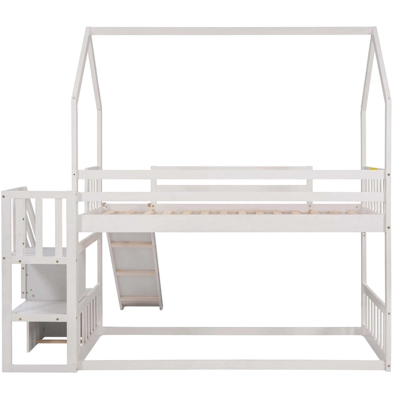 Letto a Castello a Casa per Bambini con Scivolo Convertibile e Scala Contenitore Posizionabile a Sinistra o a Destra, Grigio