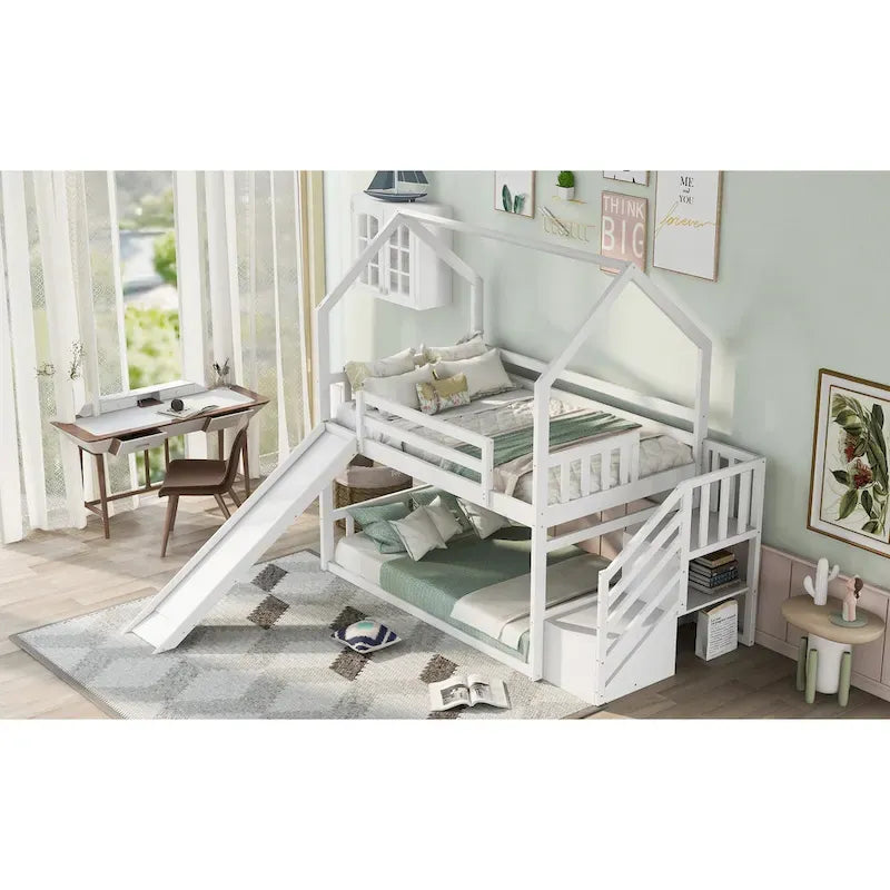Letto a Castello a Casa per Bambini con Scivolo Convertibile e Scala Contenitore Posizionabile a Sinistra o a Destra, Grigio