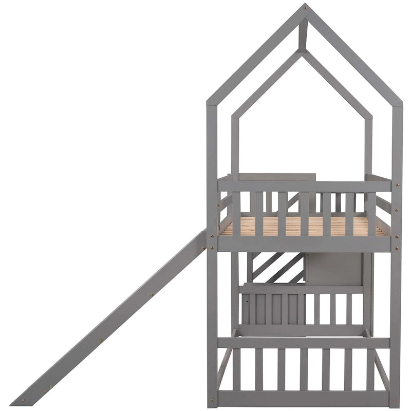 Letto a Castello a Casa per Bambini con Scivolo Convertibile e Scala Contenitore Posizionabile a Sinistra o a Destra, Grigio