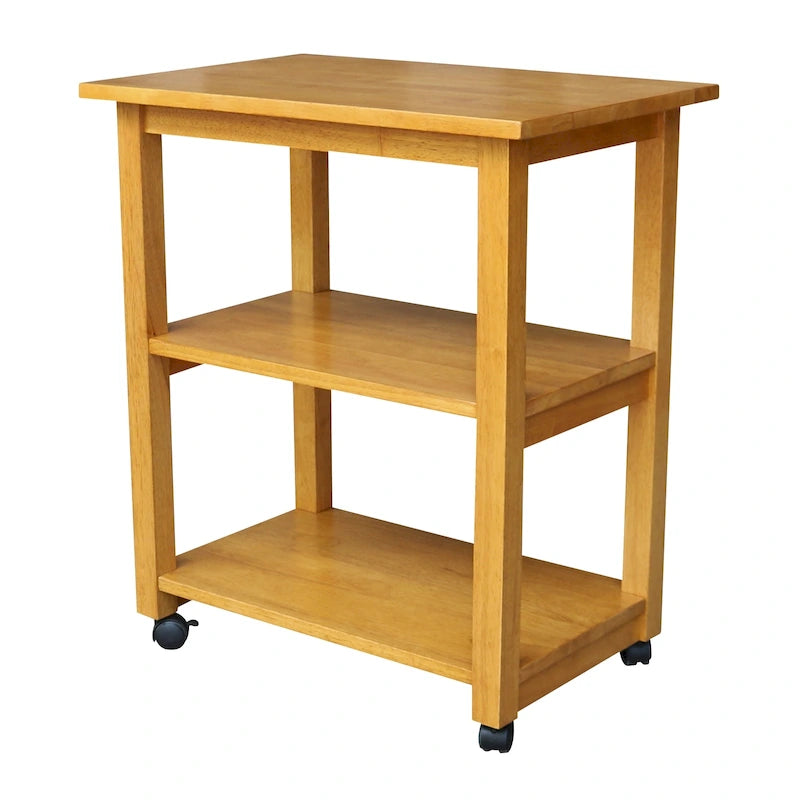 Carrello da Cucina Microonde in Legno Massello di Parawood con 3 Ripiani e Rotelle Bloccabili