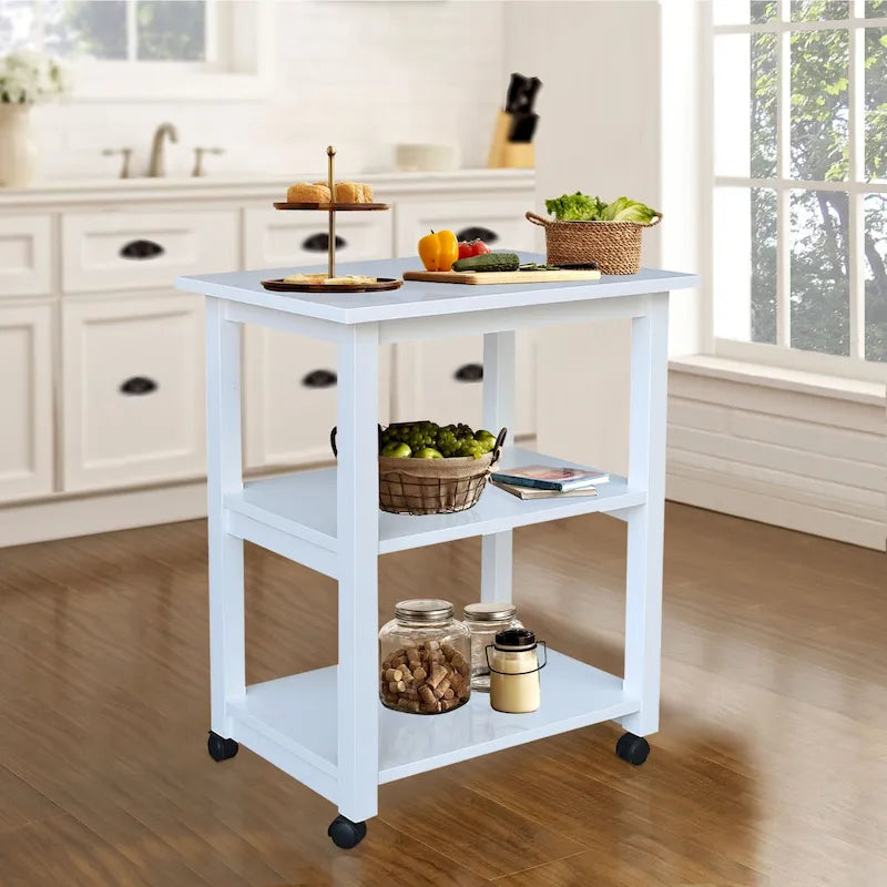 Carrello da Cucina Microonde in Legno Massello di Parawood con 3 Ripiani e Rotelle Bloccabili