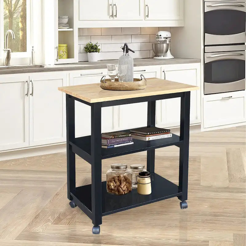 Carrello da Cucina Microonde in Legno Massello di Parawood con 3 Ripiani e Rotelle Bloccabili
