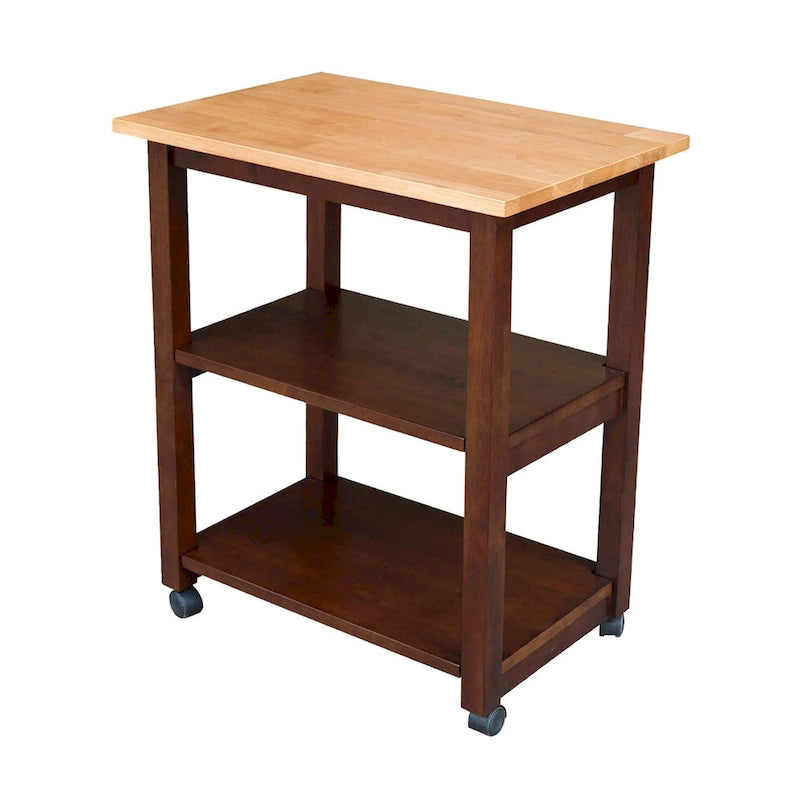 Carrello da Cucina Microonde in Legno Massello di Parawood con 3 Ripiani e Rotelle Bloccabili