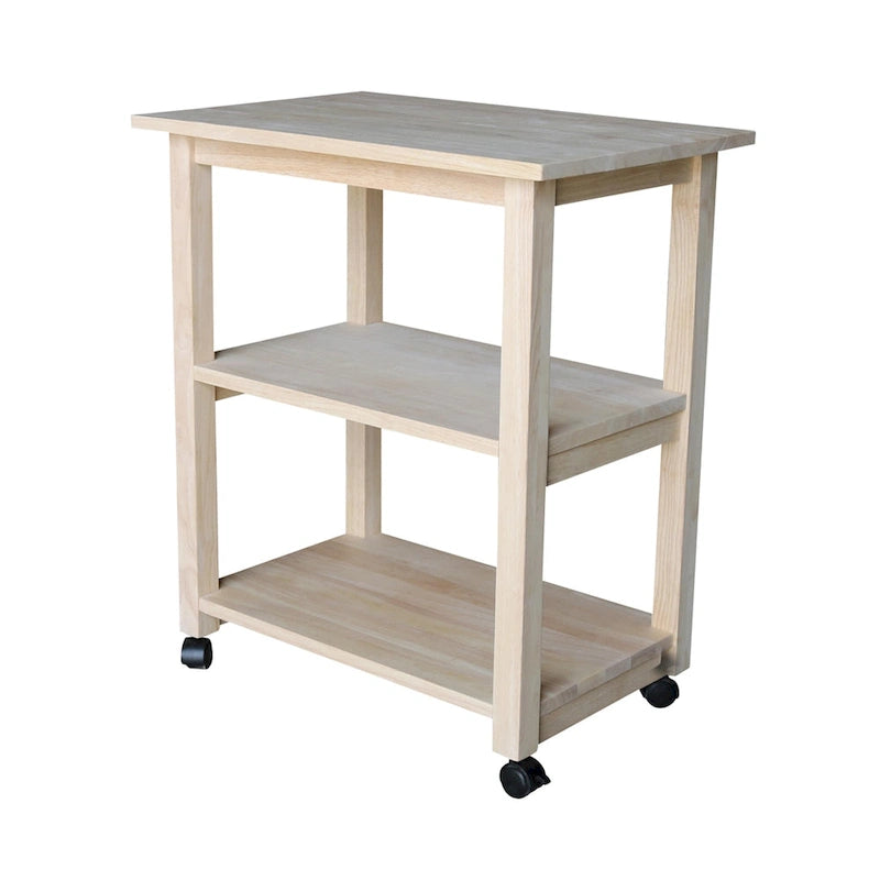 Carrello da Cucina Microonde in Legno Massello di Parawood con 3 Ripiani e Rotelle Bloccabili